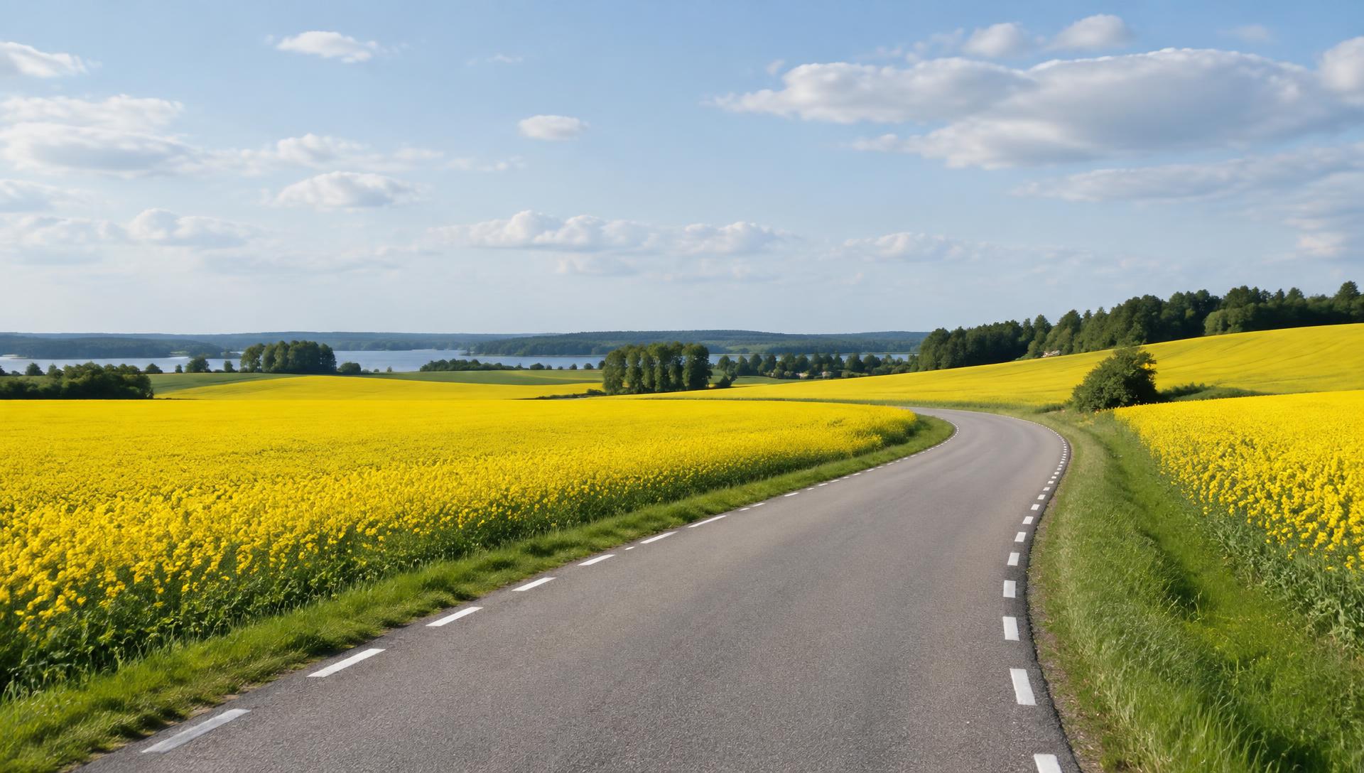 Landsväg genom blommande rapsfält i svenskt landskap
